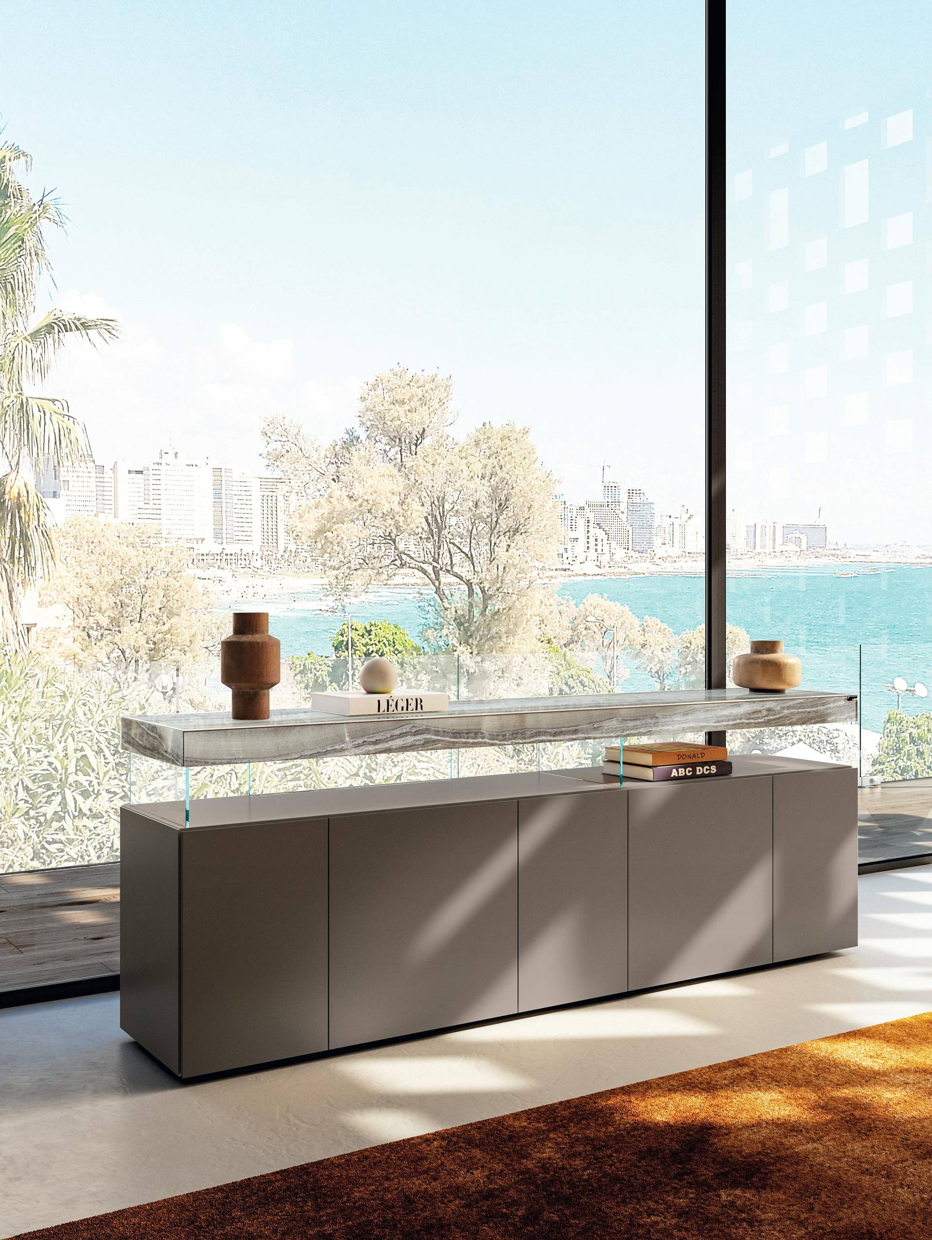 buffet suspendu avec étagère en marbre xglass | Buffet Air | LAGO