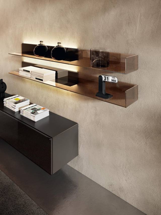 equipped wall with suspended glass shelves | 36e8 Wall Unit | LAGO