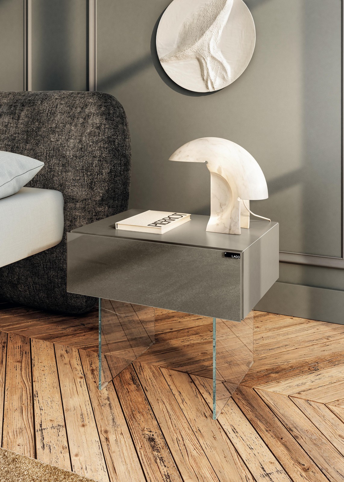 comodino moderno in vetro grigio | Comodino 36e8 | LAGO