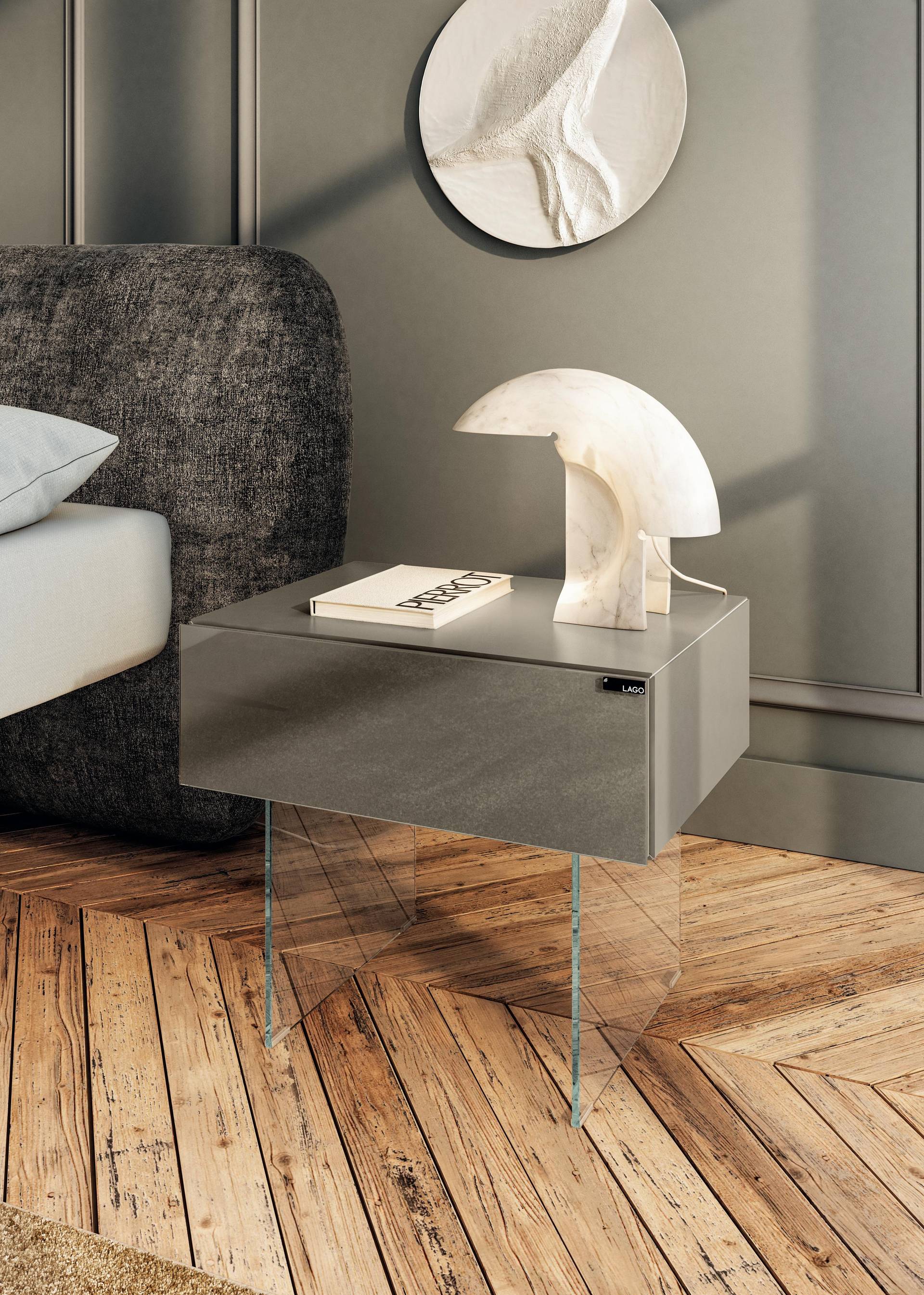 modern glass bedside table grey | 36e8 Bedside Table | LAGO