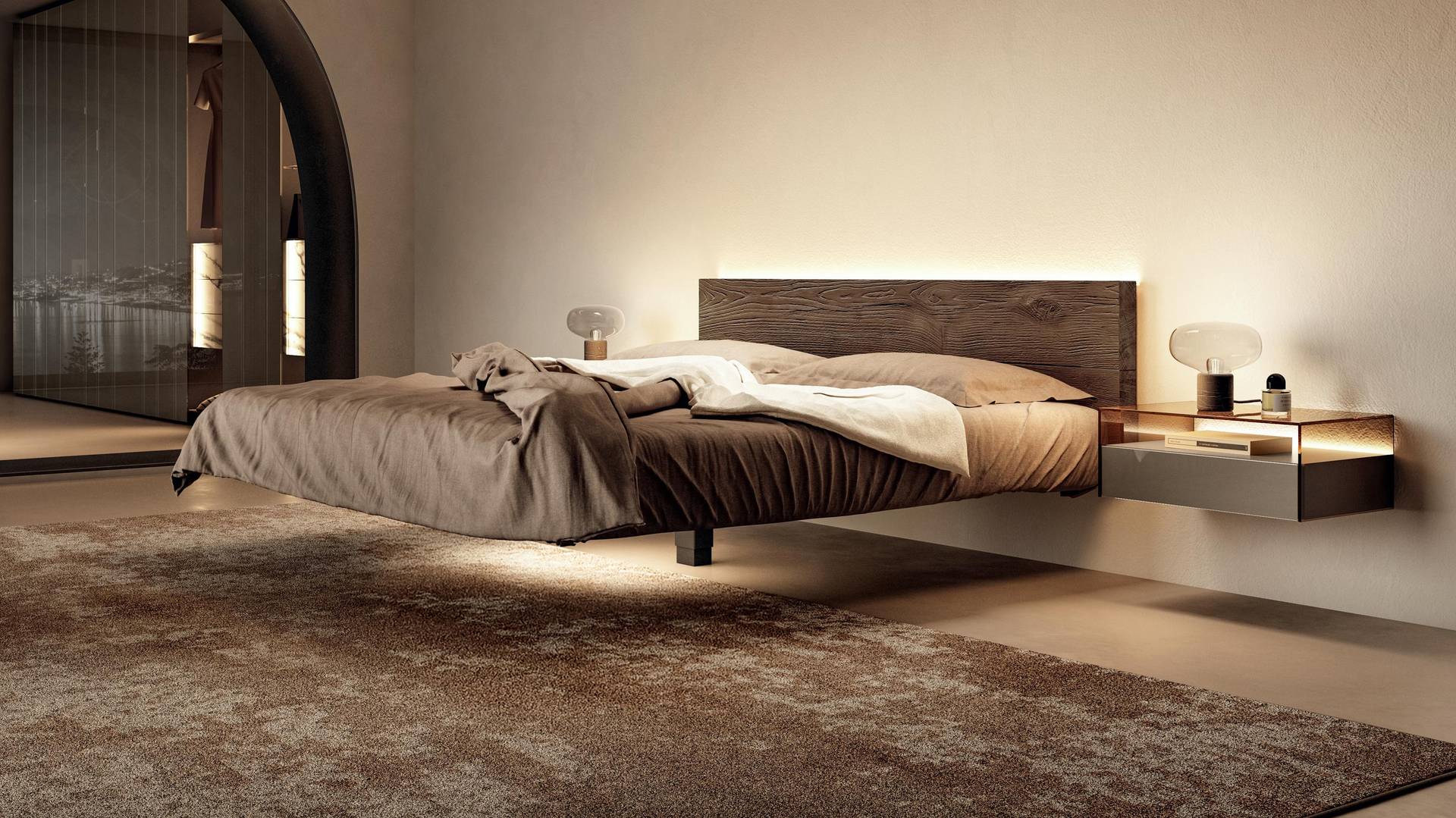 suspended bed with dark wood headboard | Fluttua Bed | LAGO
