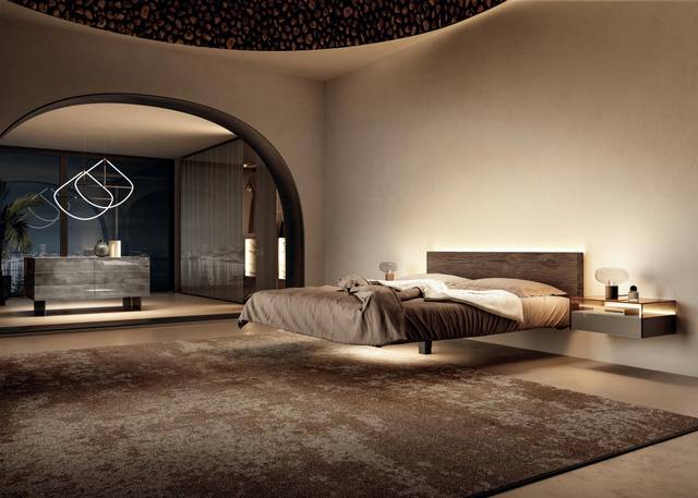 suspended bed with dark wood headboard | Fluttua Bed | LAGO