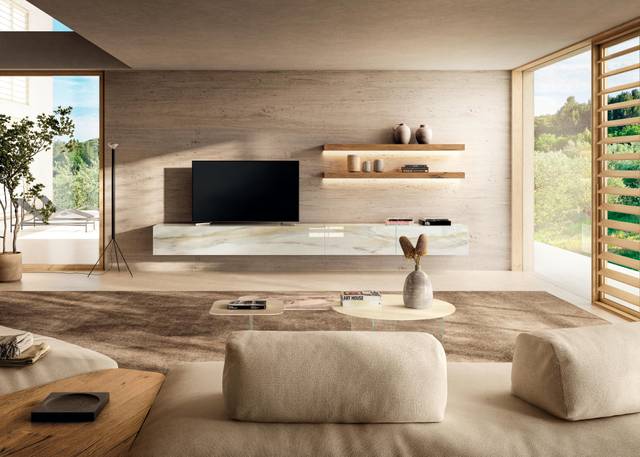 parete attrezzata tv in marmo xglass chiaro | Parete Attrezzata Materia | LAGO 
