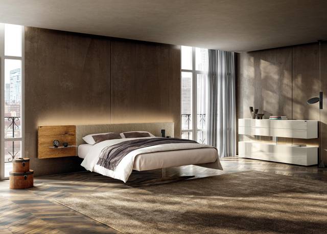 cama doble con cabecero de tela y madera | Cama Steel | LAGO