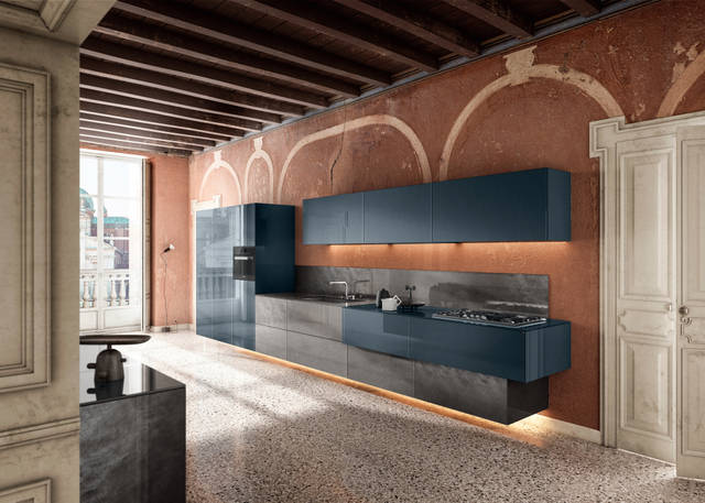 blue polished glass custom kitchen | 36e8 Metal XGlass Kitchen | LAGO