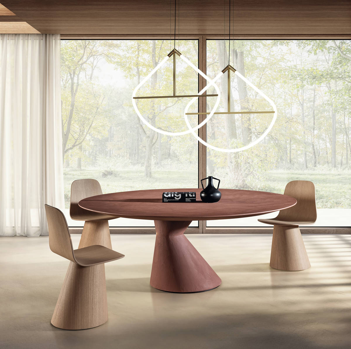 round table with designer wooden chairs | Chapeau Table | LAGO round table with designer wooden chairs | Chapeau Table | LAGO