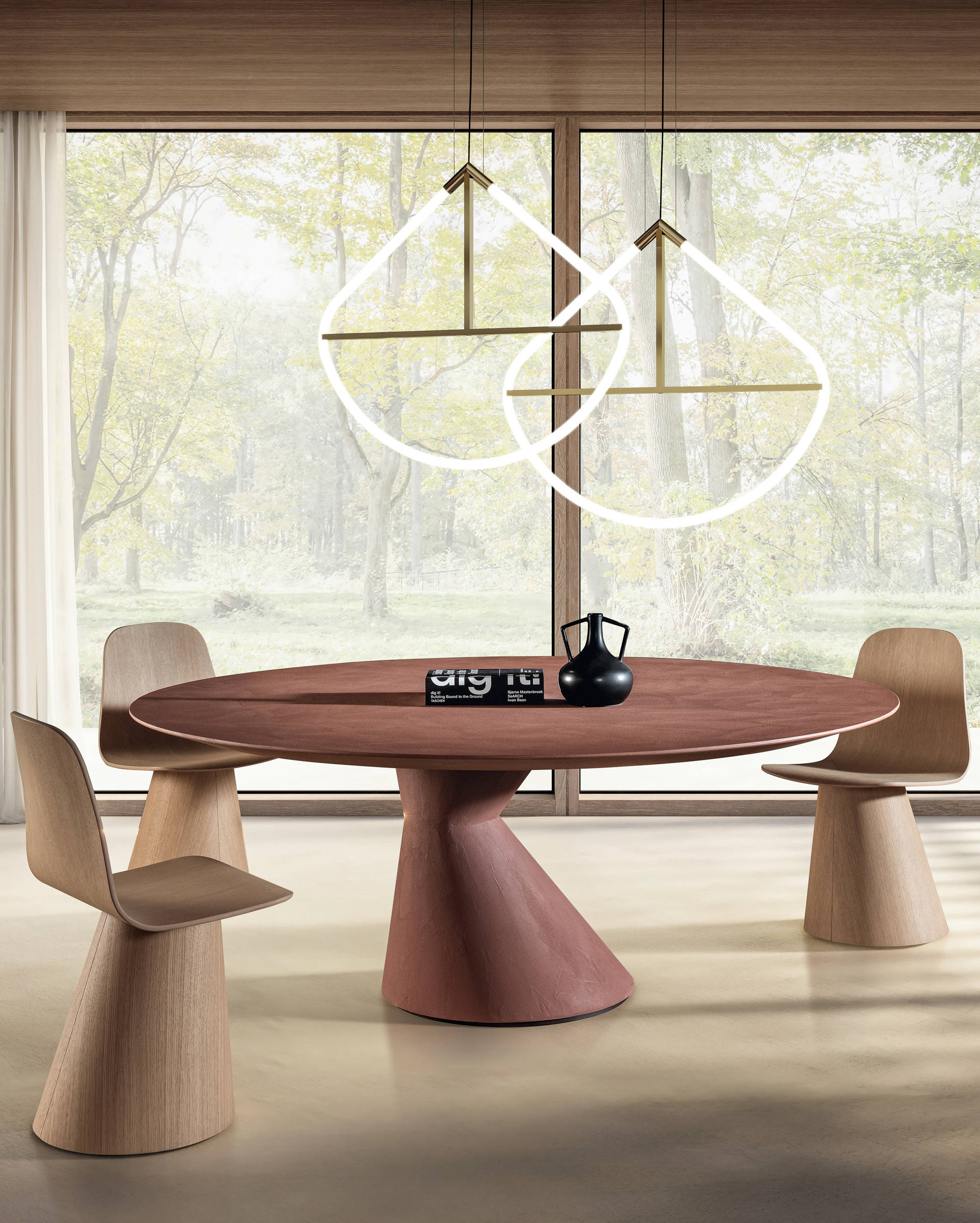 round table with designer wooden chairs | Chapeau Table | LAGO round table with designer wooden chairs | Chapeau Table | LAGO