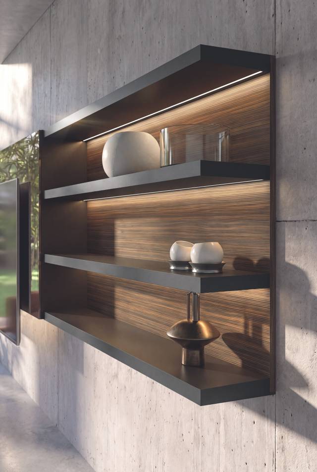 detail of a wall unit with open shelving – 36e8 Cinema LAGO