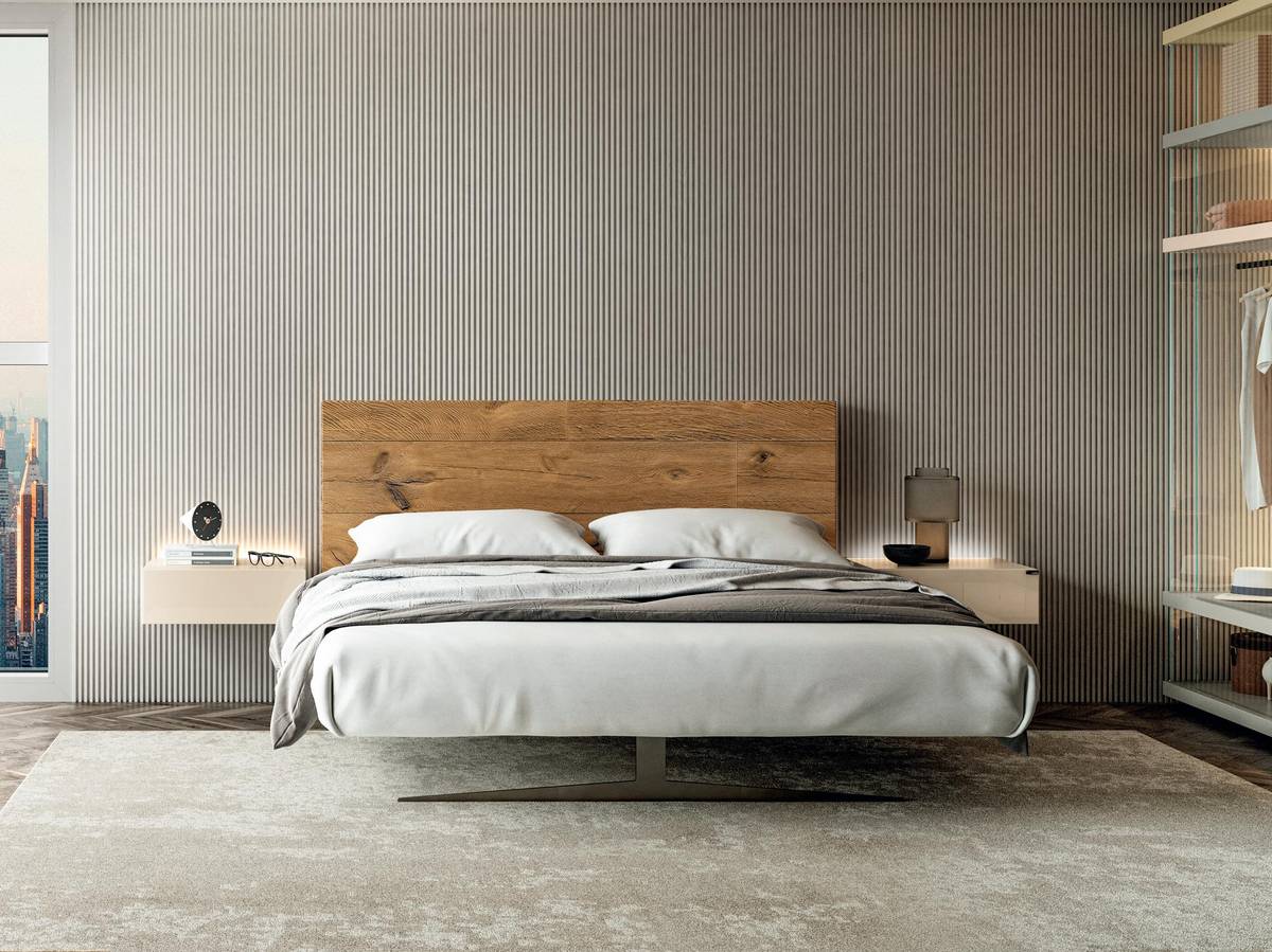 cama doble de diseño con cabecero de madera natural | Cama Steel | LAGO