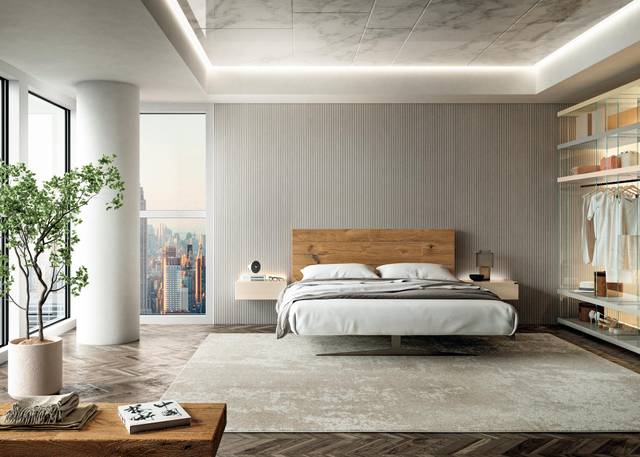 cama doble de diseño con cabecero de madera natural | Cama Steel | LAGO
