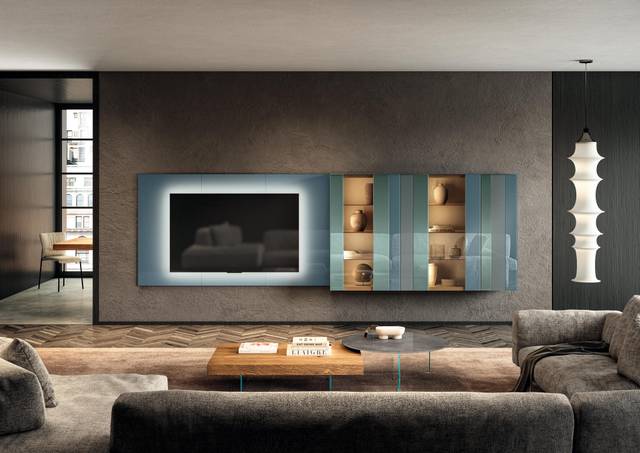 living room wall unit suspended in blue glass | N.O.W. Wall Unit | LAGO living room wall unit suspended in blue glass | N.O.W. Wall Unit | LAGO
