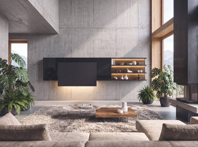 Aménagement de salon avec étagère ouverte et TV intégrée - Meuble mural cinéma 36e8 Aménagement de salon avec étagère ouverte et TV intégrée - Meuble mural cinéma 36e8