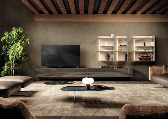 glass wall unit with light marble shelves | Materia Wall Unit | LAGO 