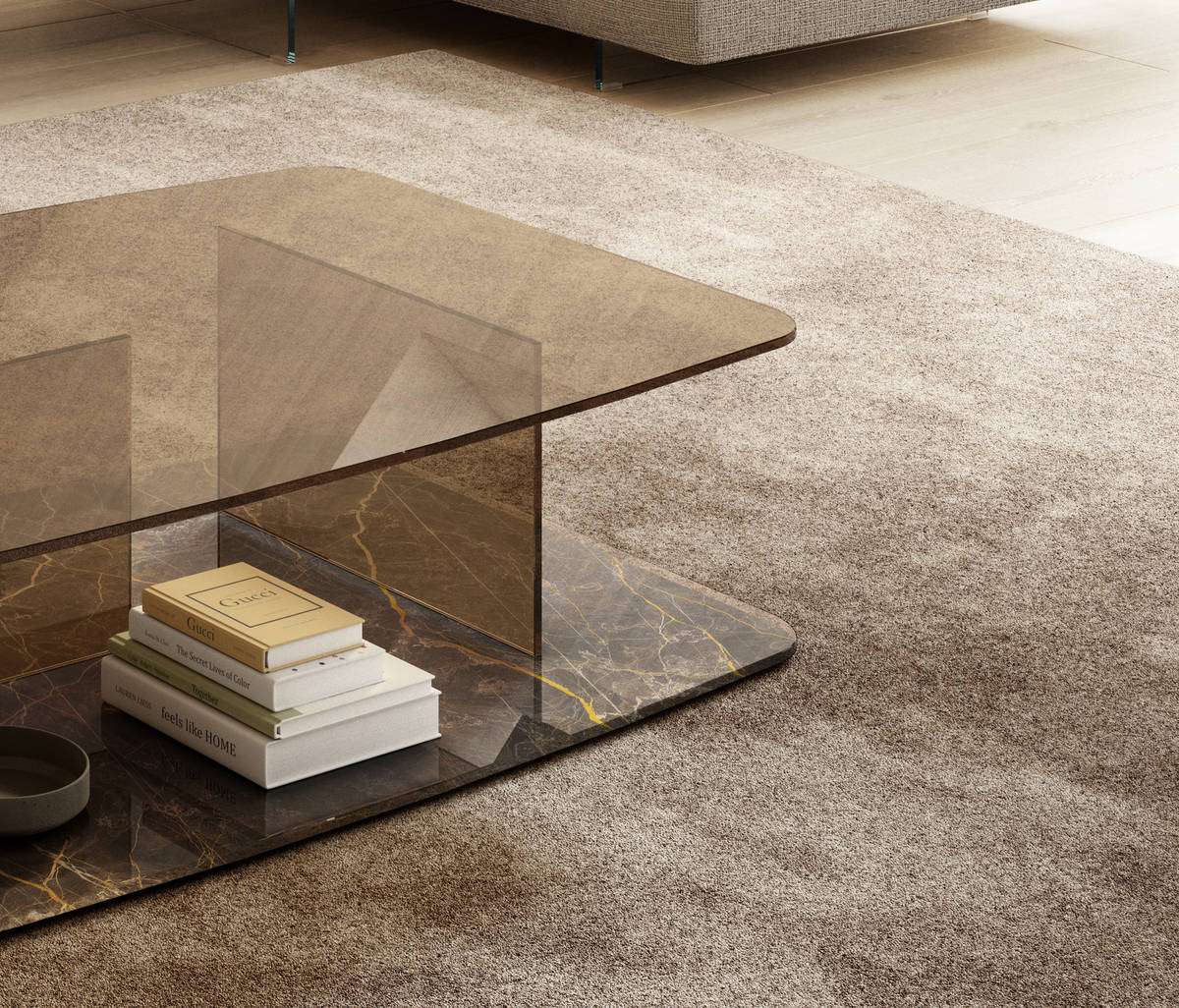 tavolino in vetro fume bronzo e marmo | Tavolino Layers| LAGO