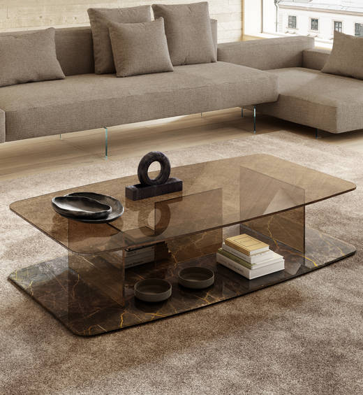 table basse en verre fumé bronzo et marbre | Table basse Layers | LAGO