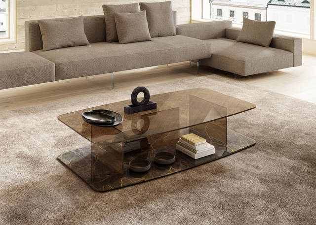 table basse en verre fumé bronzo et marbre | Table basse Layers | LAGO