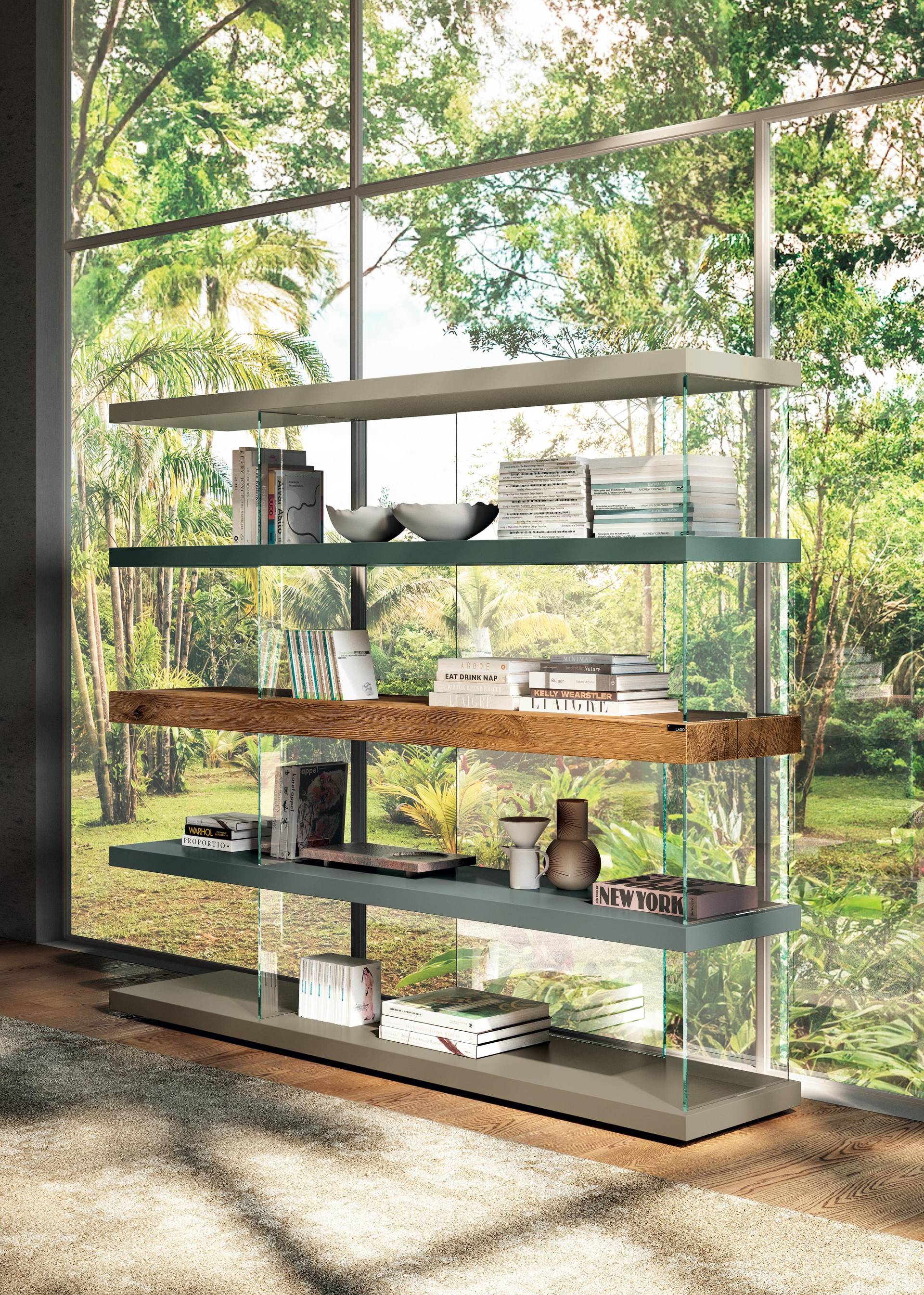 design bookcase with natural wood shelf | Air Bookshelf | LAGO