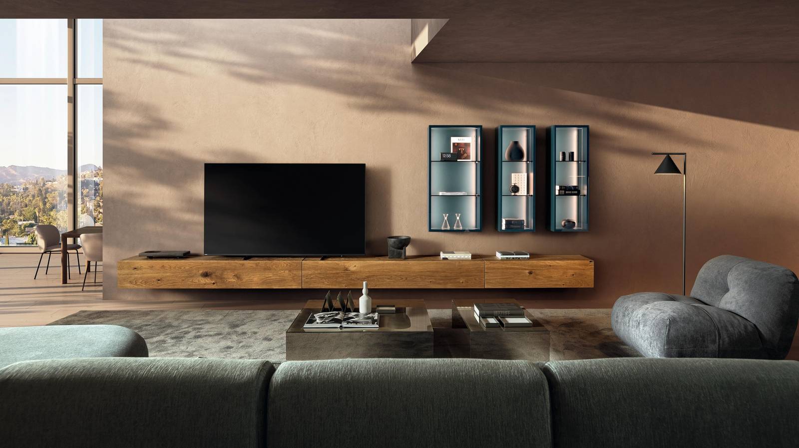 parete attrezzata in legno con pensili in vetro | Parete Attrezzata 36e8 | LAGO parete attrezzata in legno con pensili in vetro | Parete Attrezzata 36e8 | LAGO