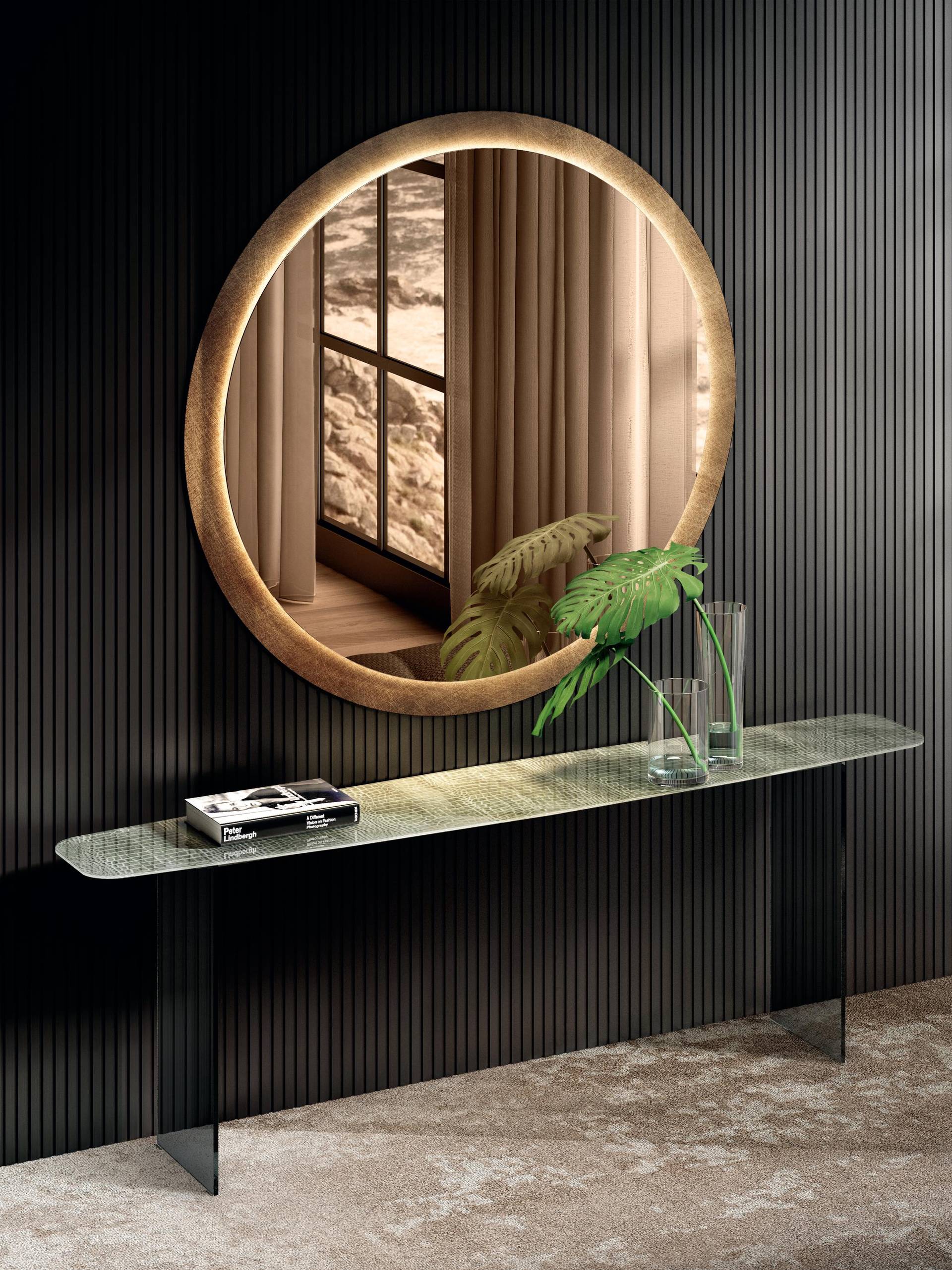 animalier xglass console table with round mirror| Deba Console, Kibi Mirror | LAGO