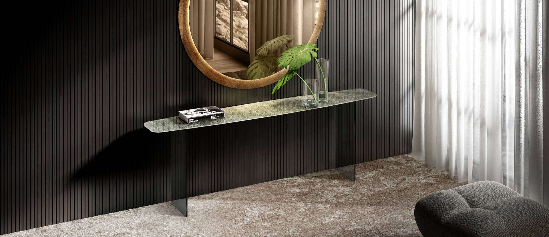 table console en verre avec miroir rond pour entrée | Consolle Deba | LAGO table console en verre avec miroir rond pour entrée | Consolle Deba | LAGO