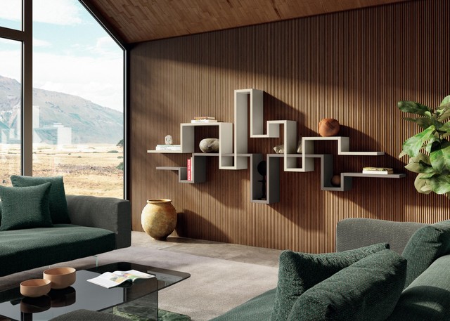 white and brown wall-mounted bookcase | LagoLinea Bookshelf | LAGO