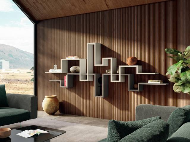 white and brown wall-mounted bookcase | LagoLinea Bookshelf | LAGO