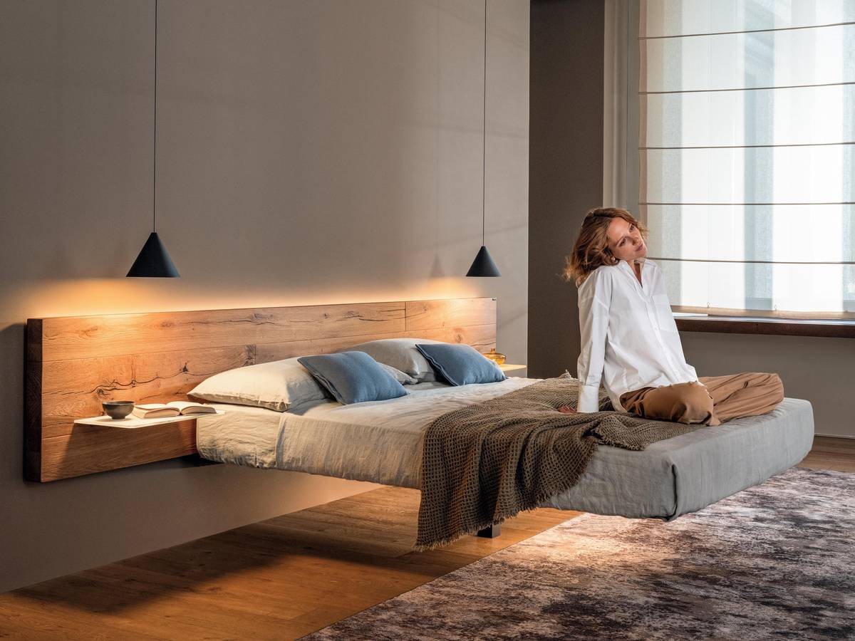 floating bed with wooden headboard and shelves | Fluttua Bed | LAGO floating bed with wooden headboard and shelves | Fluttua Bed | LAGO