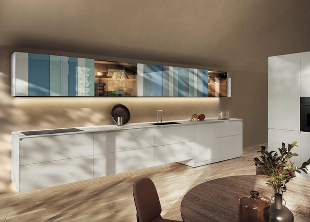 linear kitchen with wall-mounted glass wall units | N.O.W. Kitchen | LAGO