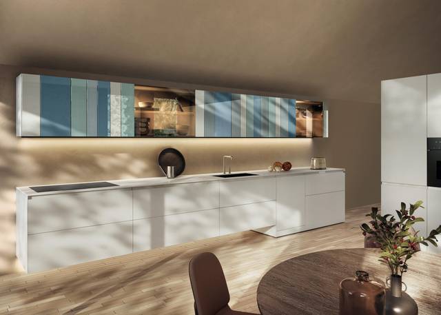 linear kitchen with wall-mounted glass wall units | N.O.W. Kitchen | LAGO