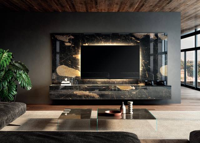 sistema de pared con boiseries y mueble TV | Pared Equipada Materia | LAGO