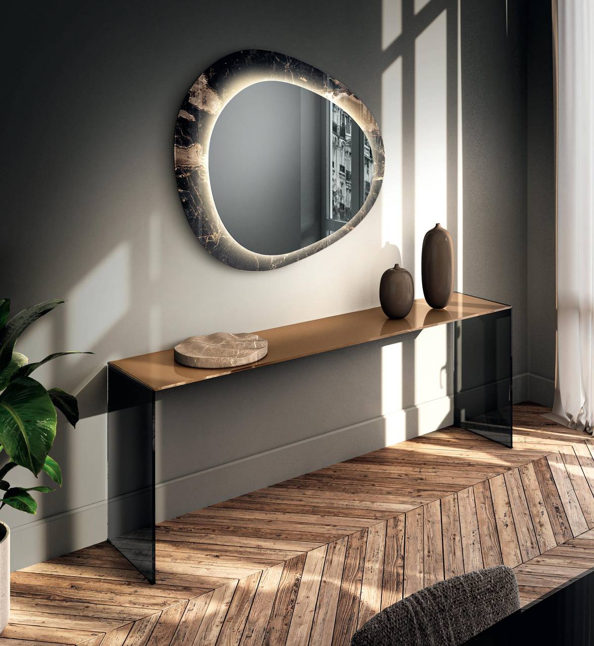 modern glass console table, framed mirror | Fine Console, Era Mirror | LAGO modern glass console table, framed mirror | Fine Console, Era Mirror | LAGO