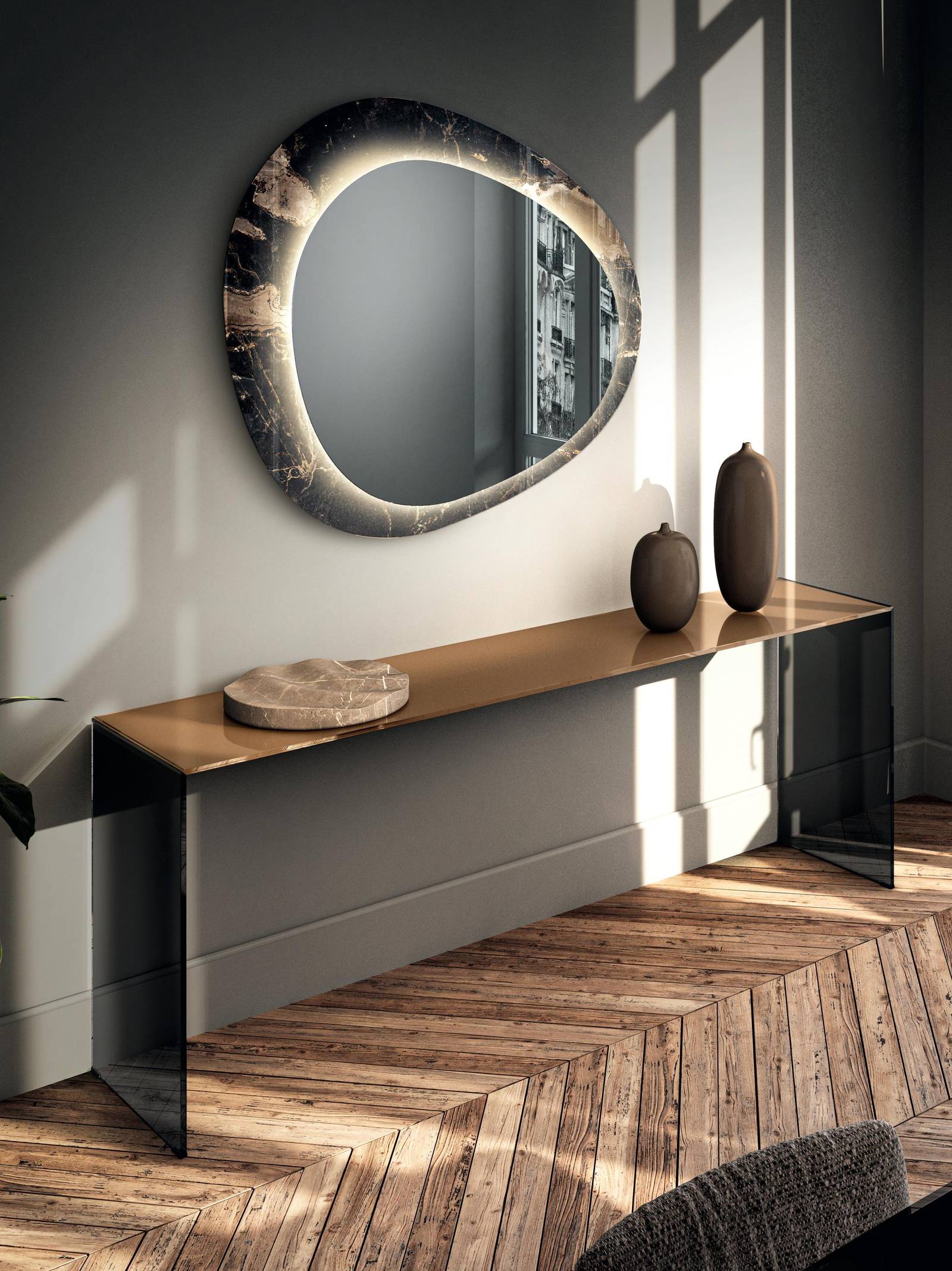 modern glass console table, framed mirror | Fine Console, Era Mirror | LAGO modern glass console table, framed mirror | Fine Console, Era Mirror | LAGO