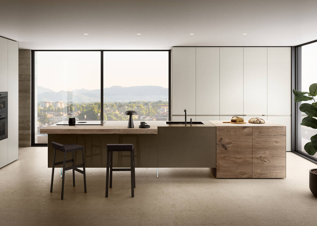 cocina con isla de madera y cristal marron | Cocina 36e8 | LAGO
