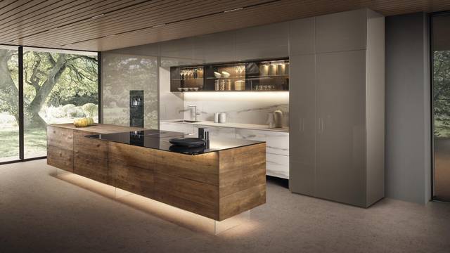 large kitchen with suspended island in wood and glass | 36e8 Kitchen | LAGO large kitchen with suspended island in wood and glass | 36e8 Kitchen | LAGO
