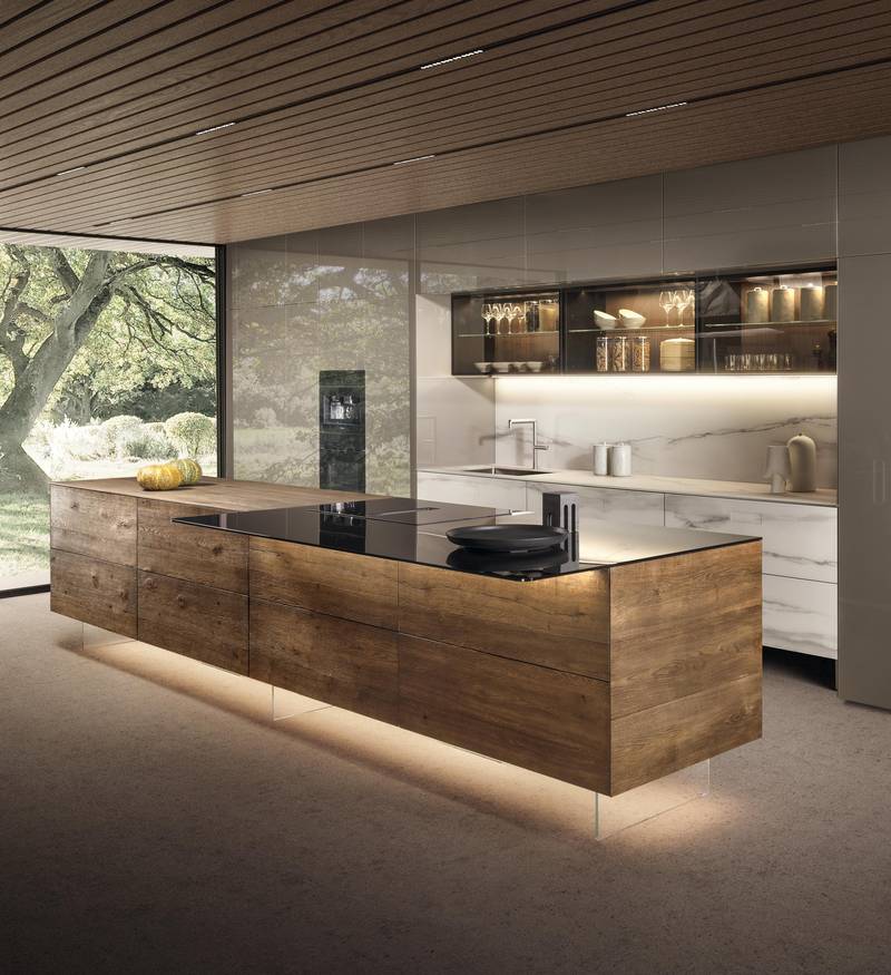 large kitchen with suspended island in wood and glass | 36e8 Kitchen | LAGO large kitchen with suspended island in wood and glass | 36e8 Kitchen | LAGO
