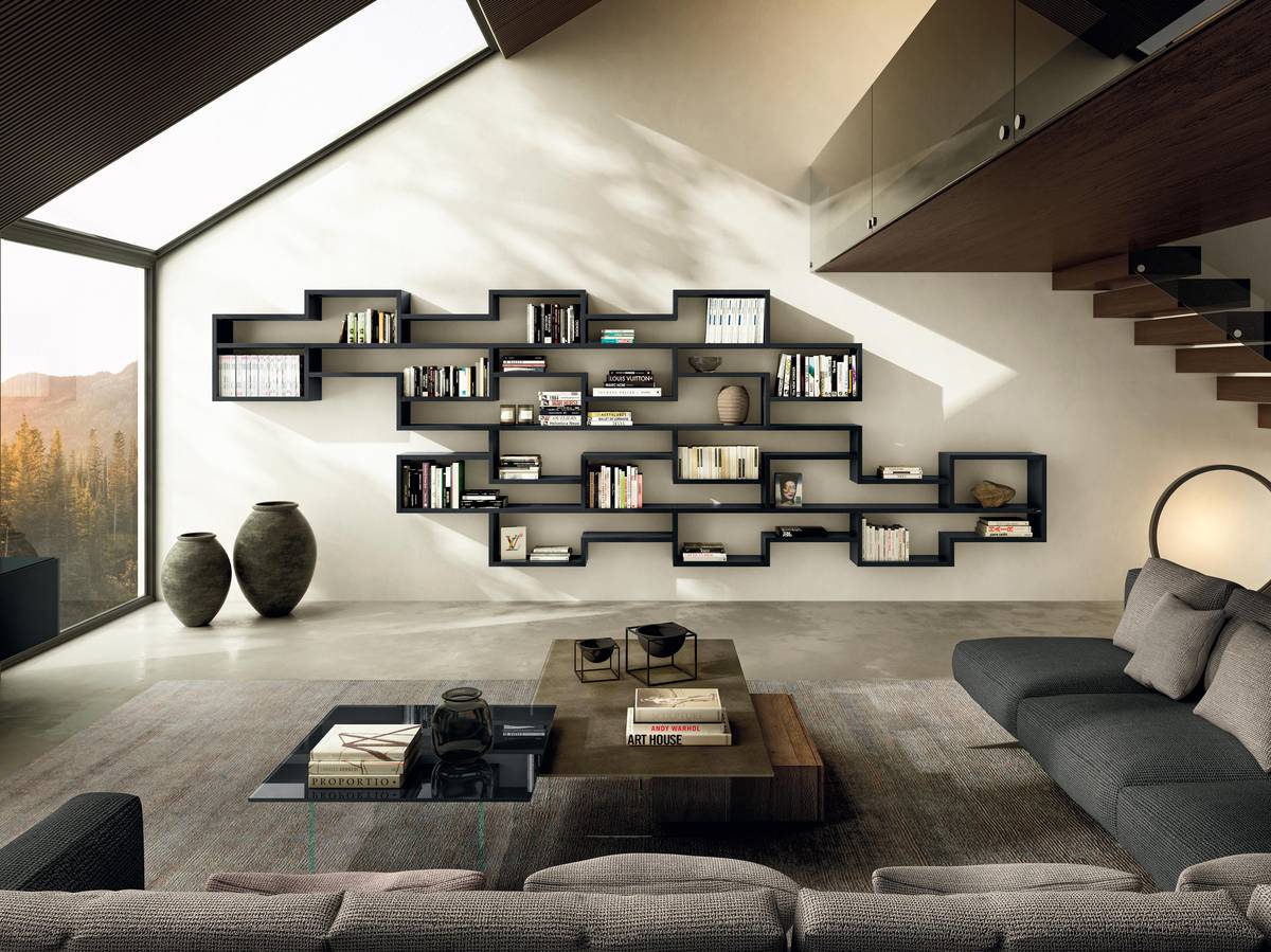 designer black wall-mounted bookcase | Lagolinea Shelving | LAGO