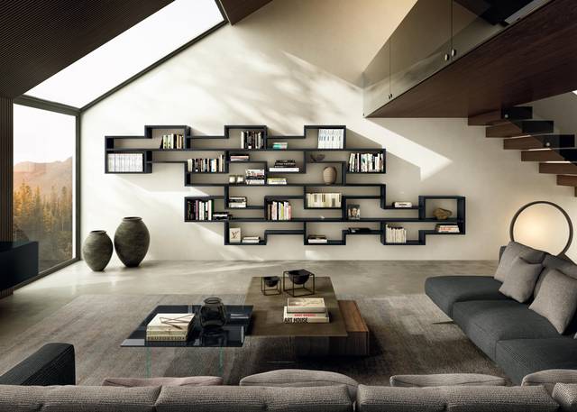designer black wall-mounted bookcase | Lagolinea Shelving | LAGO