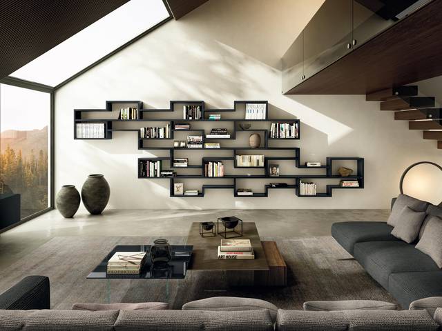 designer black wall-mounted bookcase | Lagolinea Bookshelf | LAGO