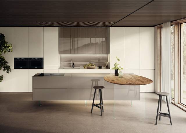 kitchen with suspended wood and glass peninsula | N.O.W. Kitchen | LAGO