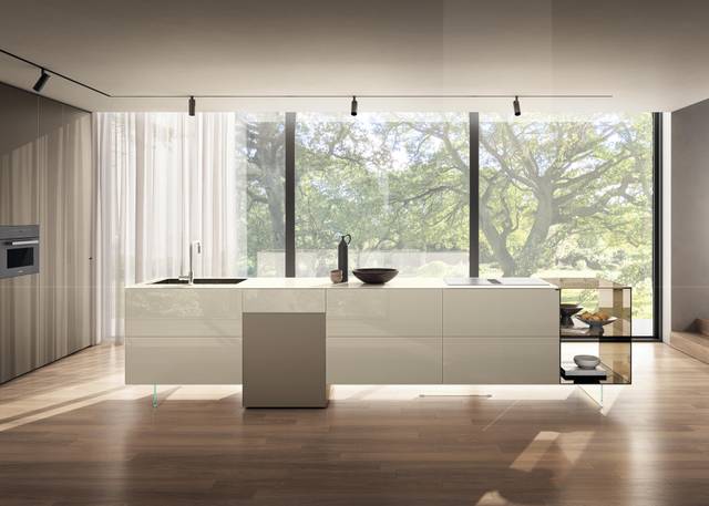 white glass kitchen with island| 36e8 Kitchen | LAGO