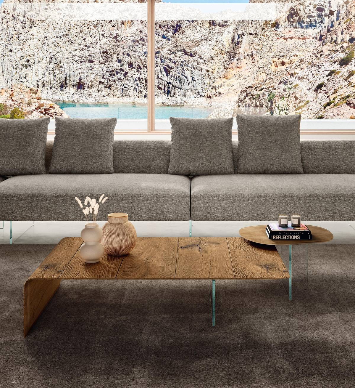 curved wooden occasional table with glass supports | Lean Coffee Table | LAGO curved wooden occasional table with glass supports | Lean Coffee Table | LAGO