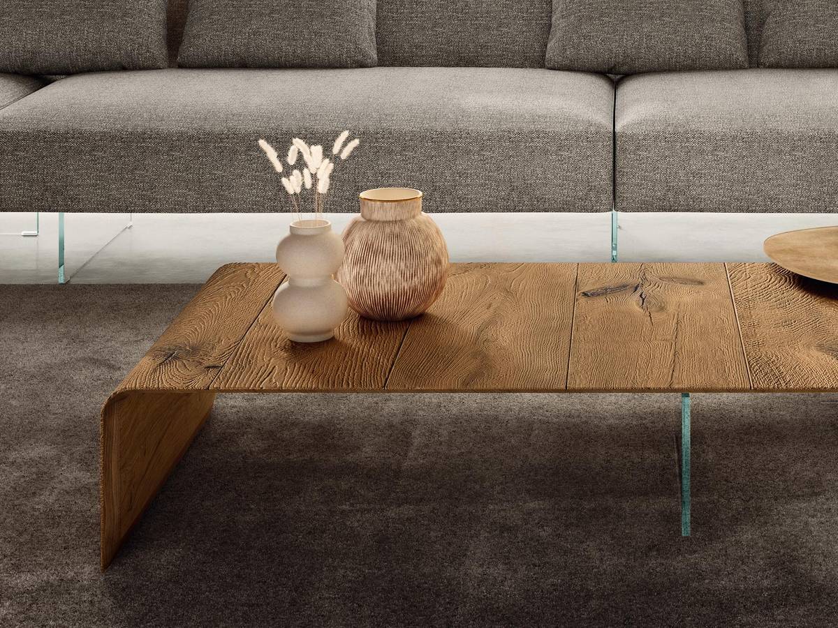 table basse en bois incurvé et supports en verre | Table basse Lean | LAGO