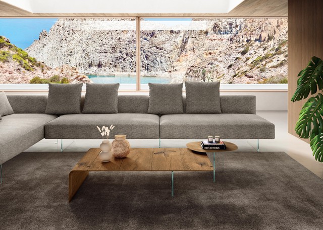 curved wooden occasional table with glass supports | Lean Coffee Table | LAGO