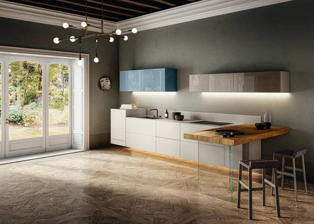 finished white kitchen with wooden peninsula | 36e8 Fenix Kitchen | LAGO