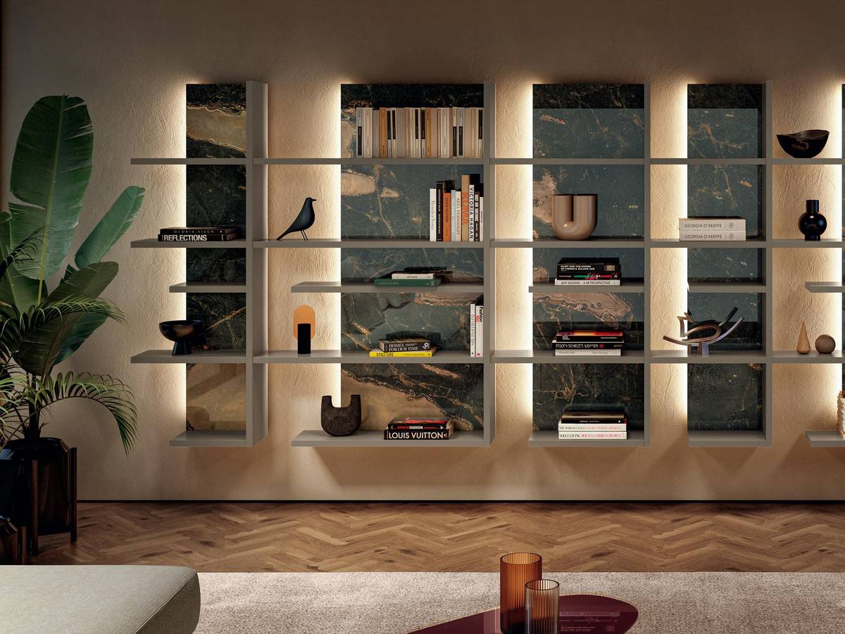 librería modular con traseras mármol iluminadas | Librería Pentagram | LAGO