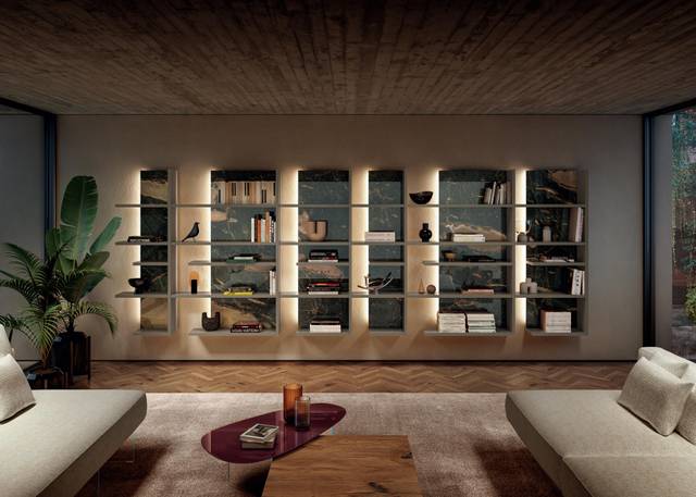 bibliothèque modulaire avec panneaux arrière marbre éclairés | Bibliothèque Pentagram | LAGO