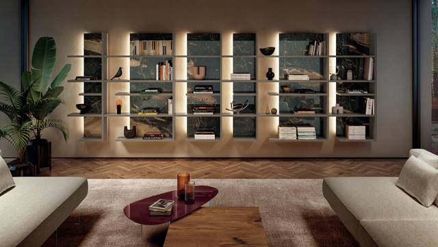 modular bookcase with lit marble back panels | Pentagram Bookshelf | LAGO