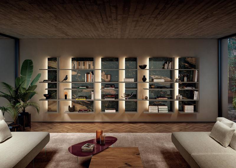 modular bookcase with lit marble back panels | Pentagram Shelving | LAGO