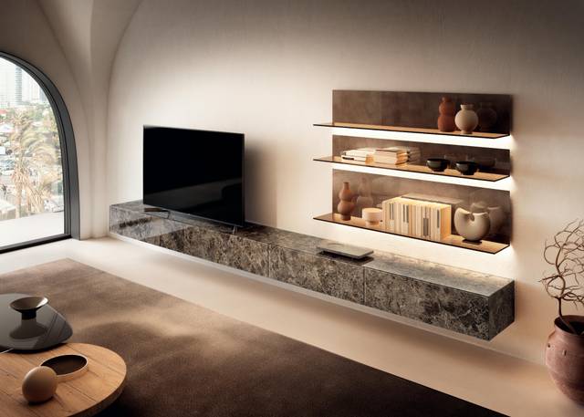 design wall unit with glass shelves| Materia Wall Unit | LAGO