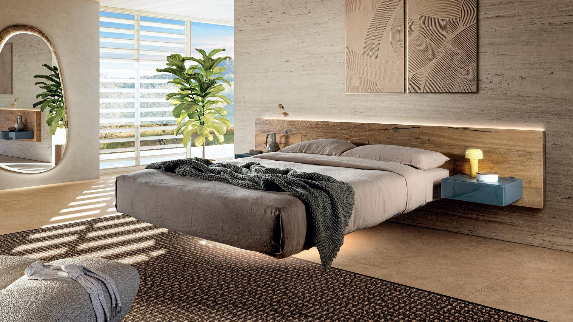 Lit suspendu avec tête de lit en bois et tables de chevet | Lit Fluttua | LAGO Lit suspendu avec tête de lit en bois et tables de chevet | Lit Fluttua | LAGO